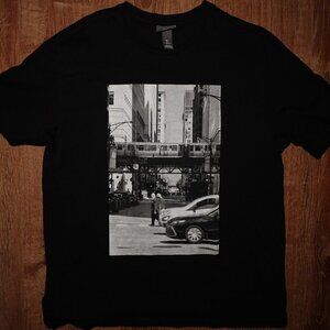 H&M Black Graphic T-Shirt Urban City Street Print Train Cars Size L 100% Cotton